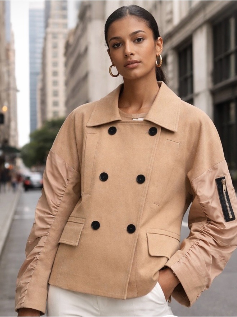 Babylon Italia Camel Statement Coat Ruched Sleeves IT 44 Size:8